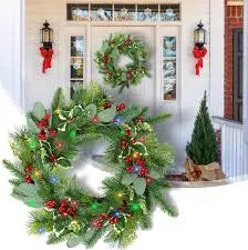 Pre-Lit Artificial Christmas Wreath, Green, Wintry Pine, Colorful Lights, Decorated with Pine Cones, Berry Clusters, Frosted Branches, Christmas Collection, 20-24 Inches