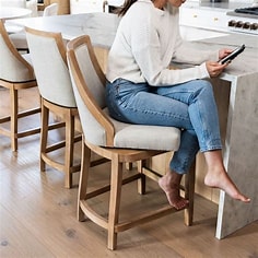 Maven Lane Vienna Counter Stool in Weathered Oak Finish w/ Sand Color Fabric Upholstery